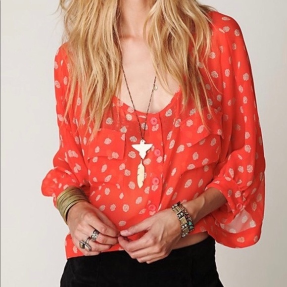 Free People Tops - {Free People} Sheer Orange & White Crop Top Shirt